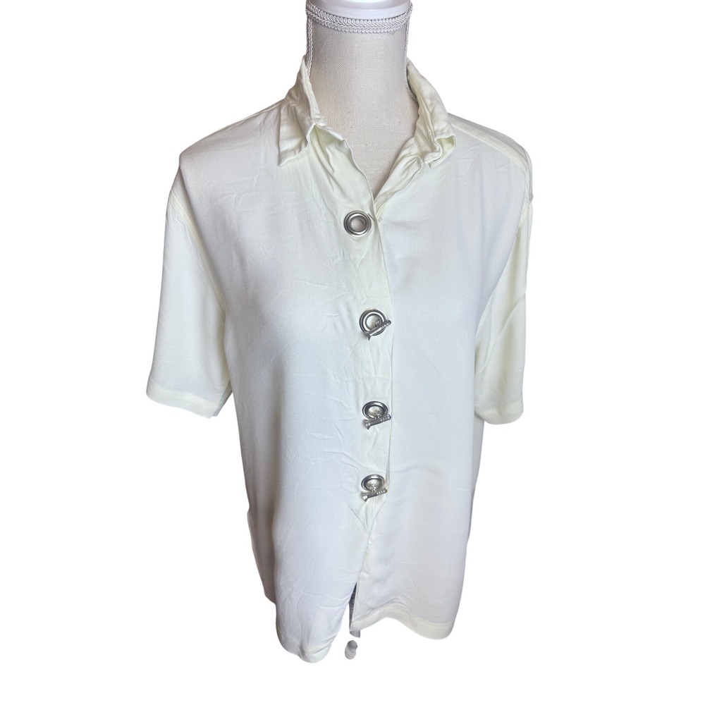 Todd Oldham Times Seven Vintage White Screw Button Short Sleeve Shirt Small USA